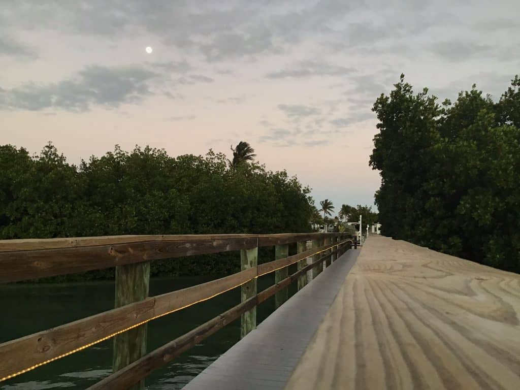 Wooden pier over ocean with sunset and moon.